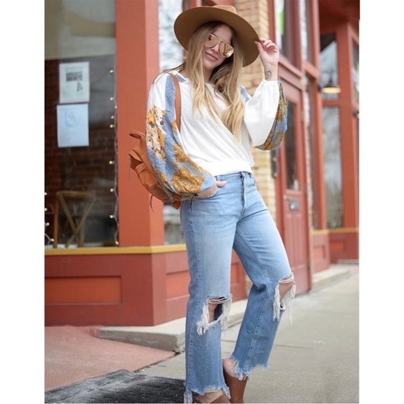 Free People We The Free Maggie Button Closure Distressed Straight Leg Jeans - Picture 7 of 7